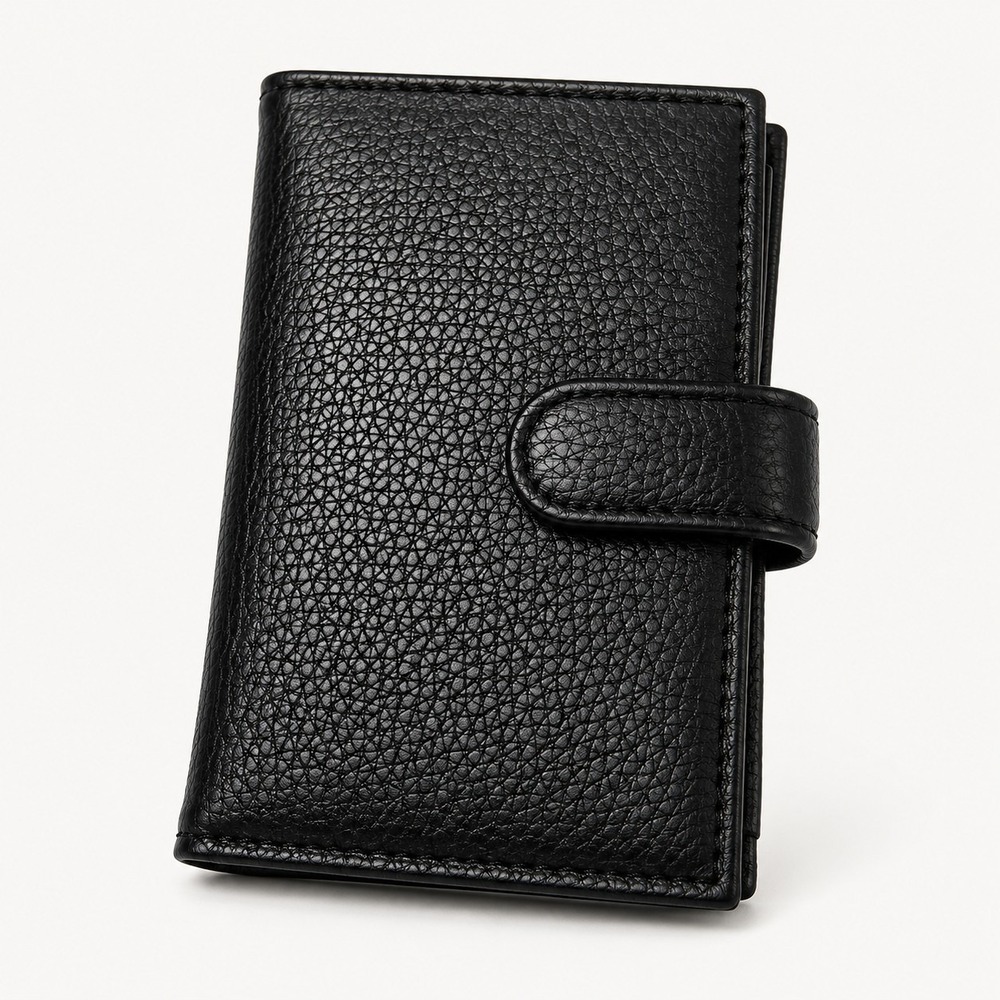 Genuine Leather Black Bifold Wallet Safe Keeper RFID ID Window Snap Closure